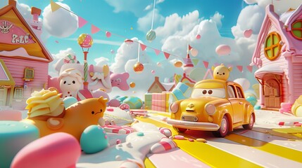 Obraz premium A cute and friendly car character drifting through a whimsical candyland AI generated illustration