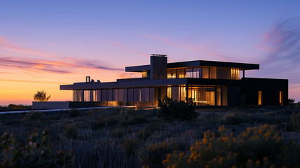 An expansive photograph of a contemporary house as the evening light fades, with the building's silhouette against the twilight sky complemented by the strategic illumination of its features