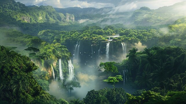 Panorama image of a jungle with waterfalls, view from a mountain