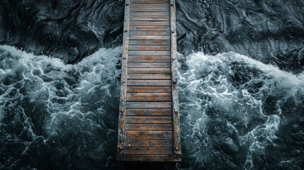 A wooden pier is seen from above as it crosses a body of water, AI