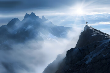 Bergsteiger auf einem Gipfel im Gebirge bei Nebel - obrazy, fototapety, plakaty