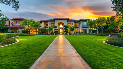 Fototapeta premium Grand luxury home with a vibrant green lawn and a pathway leading to a sophisticated, stylishly designed entrance.