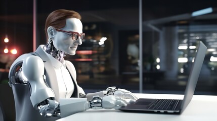 Artificial Intelligence or AI Robot Working at Modern Office

