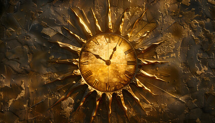 A clock shaped like a sun. The rays are irregular in length and thickness, giving the impression of a dynamic burst of sunlight