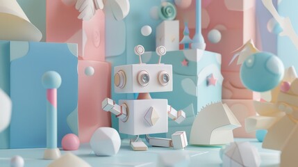A cute paper robot interacting with abstract shapes in a 3D world  AI generated illustration - obrazy, fototapety, plakaty