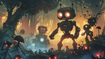 A cute robot army facing off against monsters  AI generated illustration