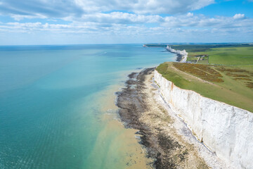 Seven sisters, Cliff and Ocean, famous tourism location and world heritage in south England, Spring outdoor, aerial view landscape
