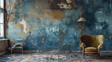 a realm of rustic charm and aged beauty with a grunge blue background, exuding a sense of authenticity and character that is expertly captured by an HD camera