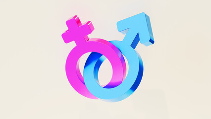 Male and female symbols isolated on a white background. Pink and Blue 3d rendered gende signs. Heterosexual Couple Symbols.