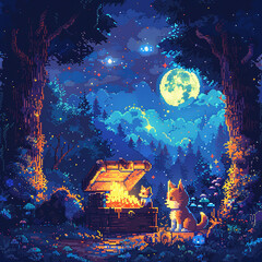 Obraz premium A cat and a dog are sitting by a fire in a forest