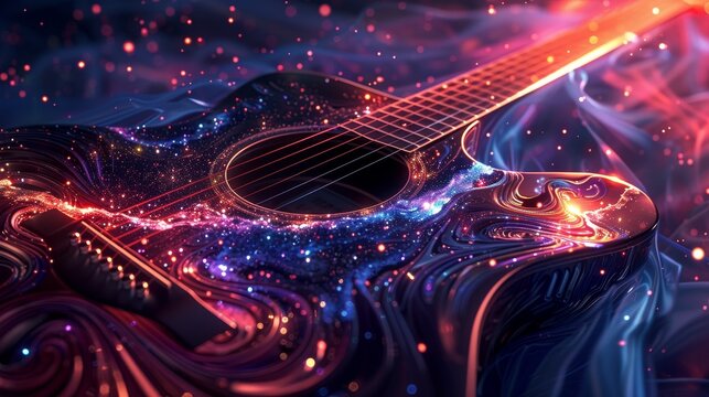 A detailed render of a guitar surrounded by swirling patterns and stars  AI generated illustration