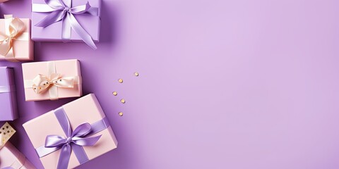 Gift boxes with ribbon on lavender background, flat lay, banner with copy space for photo text or product, blank empty copyspace