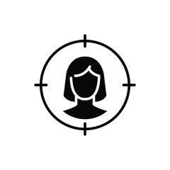 Female user target icon. Simple solid style. Woman, user target, approach, person, centric, graphic, people, business concept. Black silhouette, glyph symbol. Vector illustration isolated.