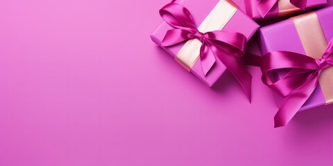 Gift boxes with ribbon on magenta background, flat lay, banner with copy space for photo text or product, blank empty copyspace