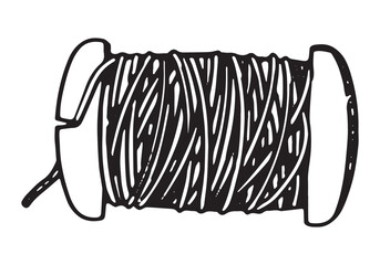Spool of thread sketch. Tools for sewing work, tailor doodle. Outline vector illustration in retro engraving style.
