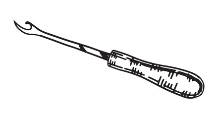 Seam ripper sketch. Tools for sewing work, tailor equipment doodle. Outline vector illustration in retro engraving style.