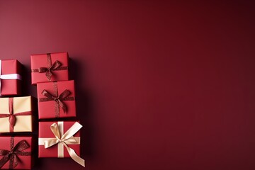 Gift boxes with ribbon on maroon background, flat lay, banner with copy space for photo text or product, blank empty copyspace