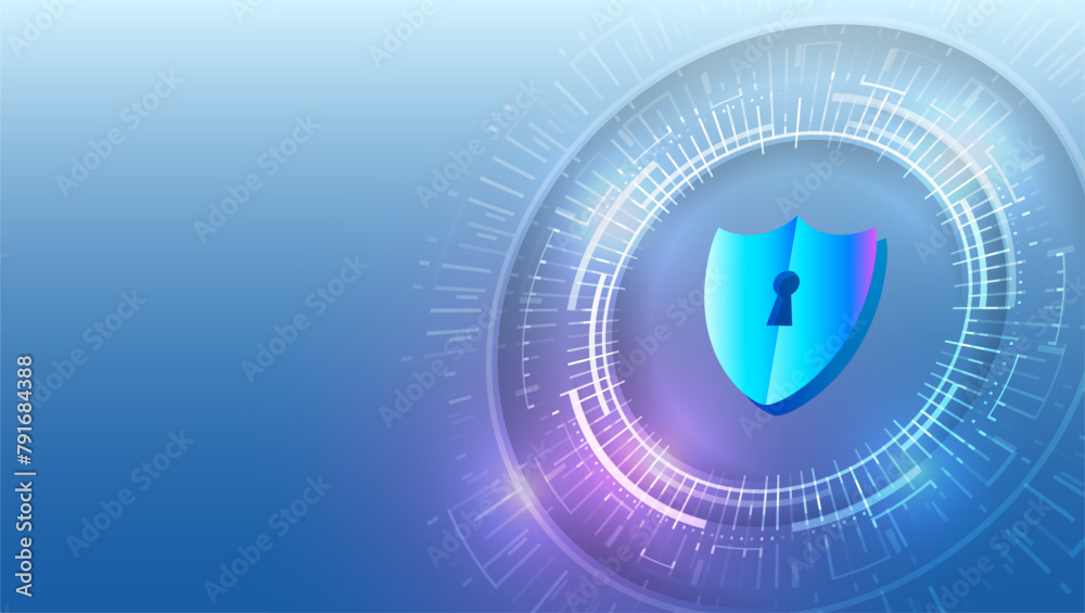 Fototapete Abstract high tech background. Data security system, information, or network protection. Cyber security and data protection. Shield icon, future technology for verification.