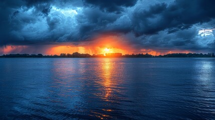 Stunning Sunset Over Serene Lake with Dramatic Sky