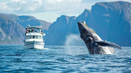 Whale watching boat trip Inside the pass mountain range luxury travel cruise