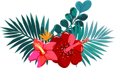 Exotic flowers and leaves. Tropical plant composition.