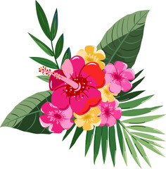 Composition of exotic flowers and leaves