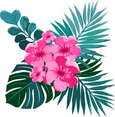 A bouquet of tropical flowers and leaves. Design element for product decoration.