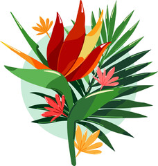Tropical flowers and leaves. Composition of exotic plants. Bird of Paradise