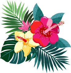 Tropical flowers and leaves. Composition of exotic plants.