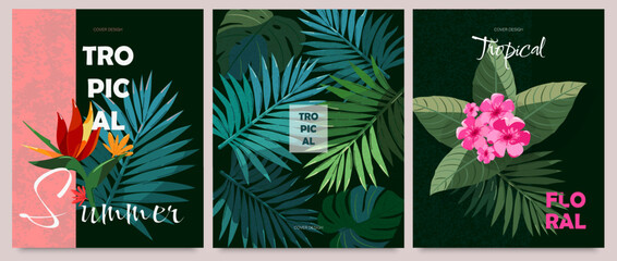 Tropical flowers and leaves. Set of templates for cover, poster, booklet.