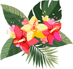 Tropical plant composition. Exotic flowers and leaves.