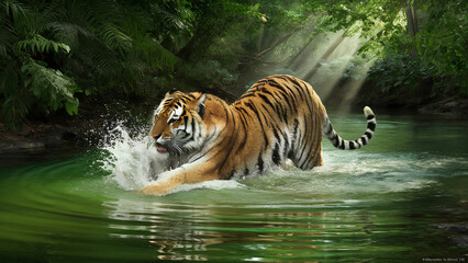 Amur Tiger Playing in The Water, Siberia. Dangerous Animal, Russia. Animal in Green Forest Stream. Siberian Tiger Splashing Water