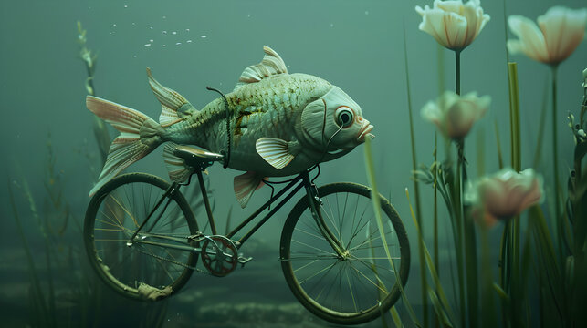 A surreal scene of a fish riding a bicycle underwater, captured with a hidden camera for a whimsical angle.


