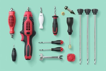 Various tools displayed on a green background. Suitable for construction or DIY projects