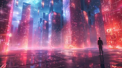 A vast sprawling digital landscape representing a virtual reality universe where users navigate through abstract geometric spaces