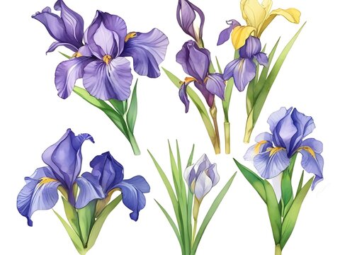 Watercolor paintings of irises in various shades of purple and yellow. blooming and green leaves on a white background