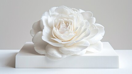 Exquisite camellia flower displayed elegantly on a white platform, mesmerizing with its lush petals and delicate beauty.