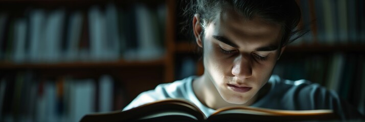A focused young man deeply engrossed in reading a book in a quiet library setting