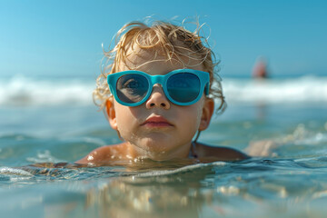 Naklejka premium Kid Having Fun Swimming in Pool