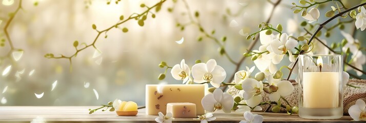 A serene spa concept image of orchids, handmade soap, and a glass of milk on a wooden surface, suggesting purity and relaxation - obrazy, fototapety, plakaty