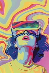Illustration einer Frau die eine VR Brille trägt, bunte Farbwellen strömen aus ihrem Kopf / der Brille symbolisch für das Erlebnis und die Phantasievolle Erfahrung  - obrazy, fototapety, plakaty