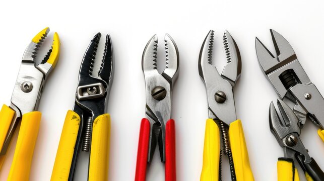 Five pliers lined up on a white surface. Useful for DIY projects