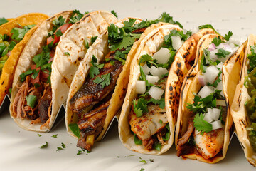 An assortment of Mexican street tacos, with soft corn tortillas filled with vibrant, spicy fillings like carne asada, al pastor, and grilled fish, adorned with fresh cilantro and onion