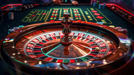 Casino Table With Roulette and Casino Chips