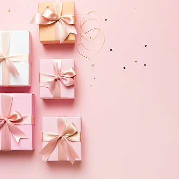 Gift boxes with ribbon on pink background, flat lay, banner with copy space for photo text or product, blank empty copyspace