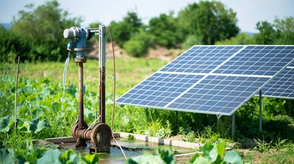 solar powered water pump at agriculture farm, solar panels use in farming