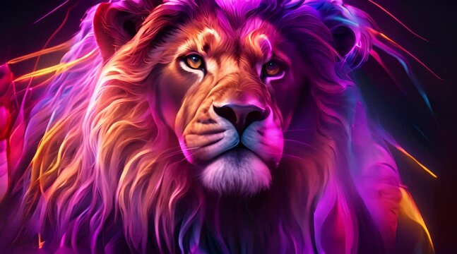 Vibrant digital art of a neon-colored lion with a flowing mane against a dark background illustrating power and creativity