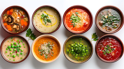 Variety of restaurant hot dishes, healthy food, Japanese miso, asian fish soup, russian borscht, english pea soup, mushroom soup, spanish gazpacho isolated at white, Top view, flat lay