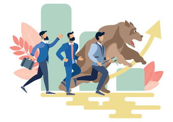 Stock exchange worker businessmen run with bear animal. Business metaphor in minimalistic flat style. Cartoon PNG illustration