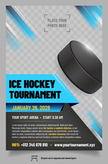 Naklejka premium Ice hockey tournament poster template with puck